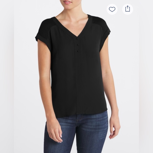 Fortune & Ivy Helena Mixed Material V-Neck Blouse - Picture 5 of 6